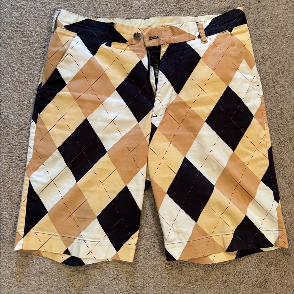 Black and Tan Argyle Board Shorts with Drawstring Waist